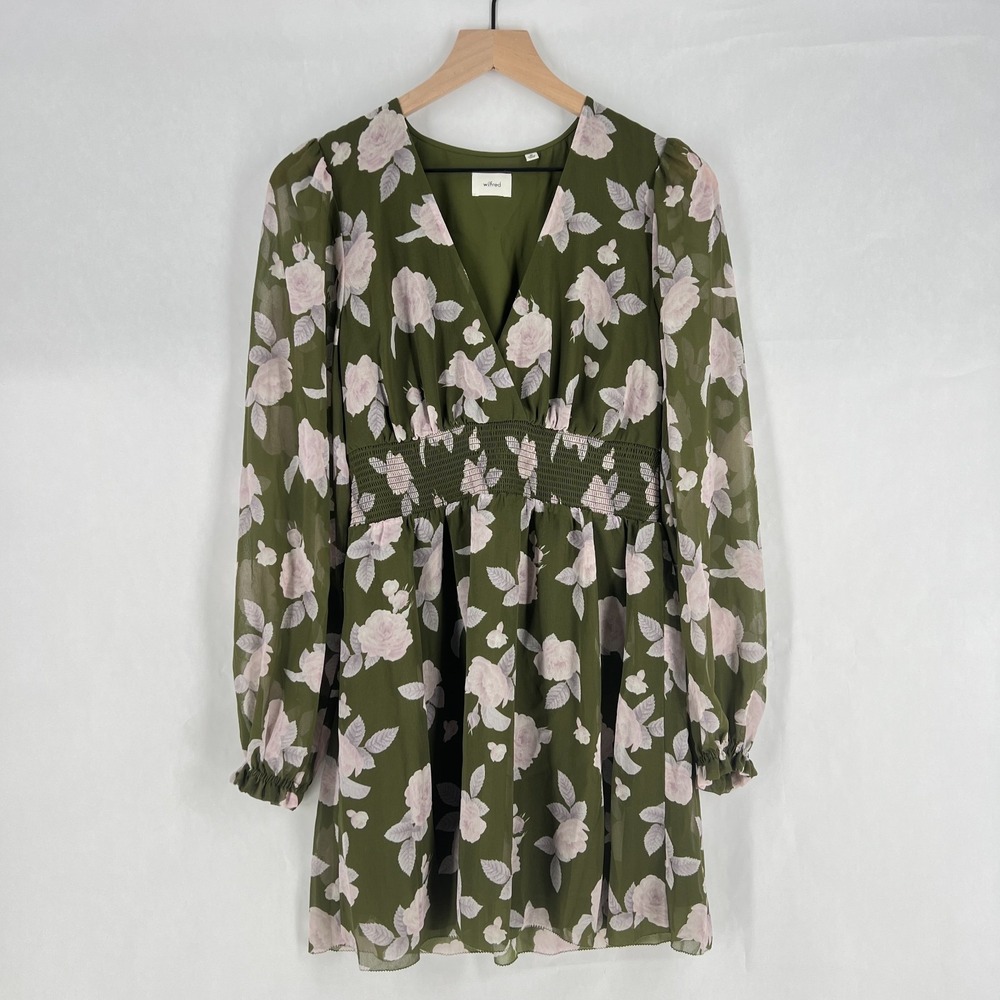 Aritzia‎ Wilfred Wistful Mini Dress Womens M Green Floral Smocked Surplice Neck